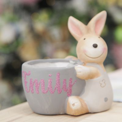 Personalised Ceramic Blue Easter Bunny with Pot