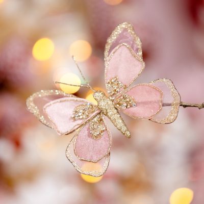 Pink Mesh Butterfly Clip With Gold Glitter Trim