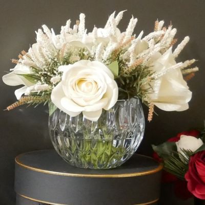 Cote Noire Round Crystal Vase Lilies & Roses - White