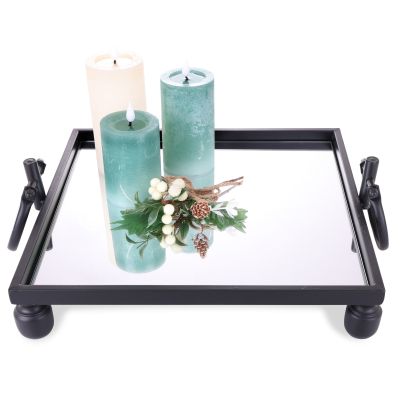 Deluxe Black Pedestal Square Table Centrepiece Mirror Tray - 40cm(W)