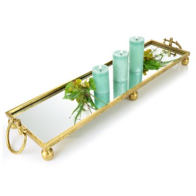 Deluxe Gold Pedestal Rectangle Table Centrepiece Mirror Tray