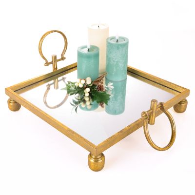 Deluxe Gold Pedestal Square Table Centrepiece Mirror Tray - 40cm(W)