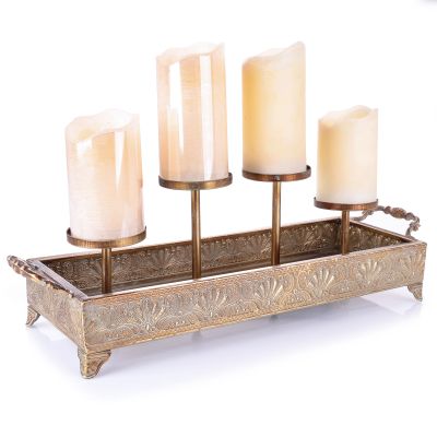 Deluxe Ornate Antique Gold Tray Table Centerpiece Candle Holder