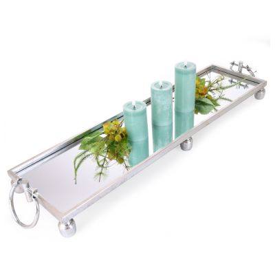 Deluxe Silver Pedestal Rectangle Table Centerpiece Mirror Tray - 94cm(W)