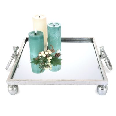 Deluxe Silver Pedestal Square Table Centrepiece Mirror Tray - 40cm(W)