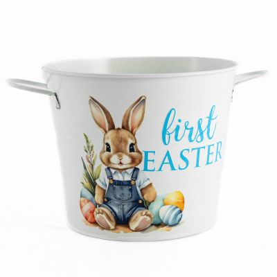 Easter Hamper Bucket - Sitting Bunny Blue Overalls