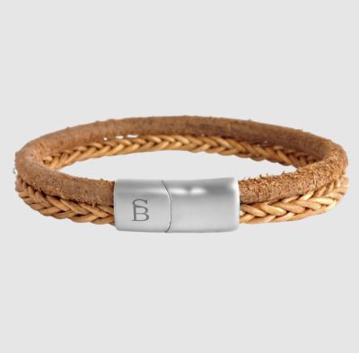 Steel and Barnett - Denby - Camel Braided Leather Double Stack Bracelet - Matte Silver - Large