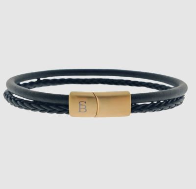 Steel and Barnett - Denby - Black Braided Leather Double Stack Bracelet - Matte Gold - Medium