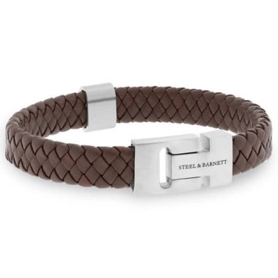 Steel and Barnett - Harrison - Brown Leather Box Braided Bracelet 10mm - Silver Clasp - Small