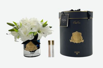 Cote Noire Luxury White Roses & Lilies Bouquet Dark Glass in Black Box