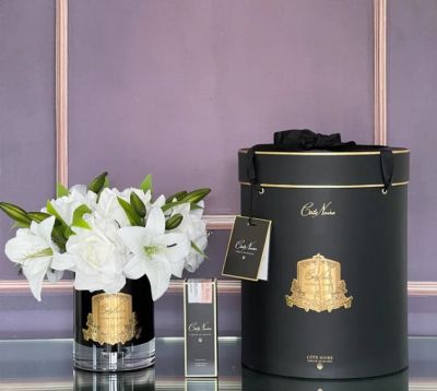 Cote Noire Luxury White Roses & Lilies Bouquet Dark Glass in Black Box