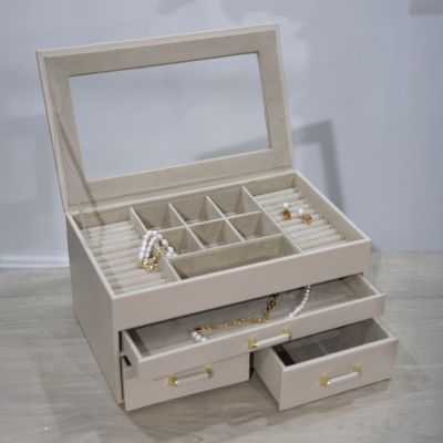 Nude Leather Clear Top  Jewellery Box with 3 drawers 