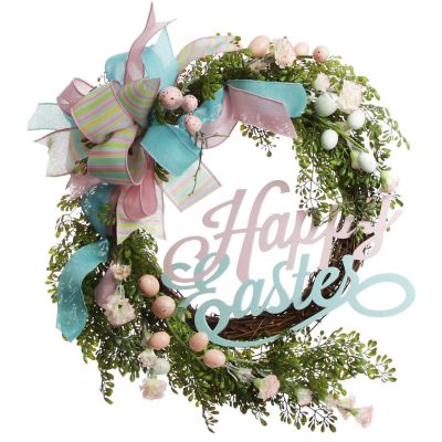 Pastel Springtime Happy Easter Wreath with Ribbon