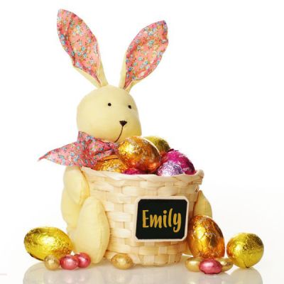 Personalised Woven Easter Basket with Yellow Calico Bunny