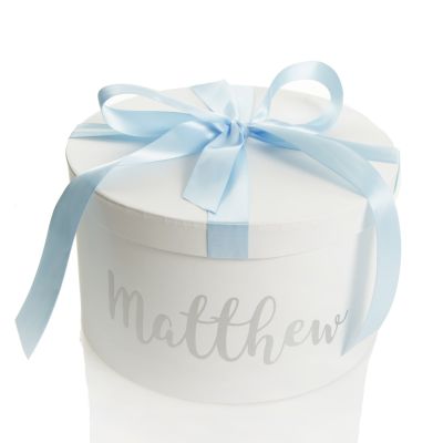 Personalised White Round Gift Box with Baby Blue Ribbon Bow