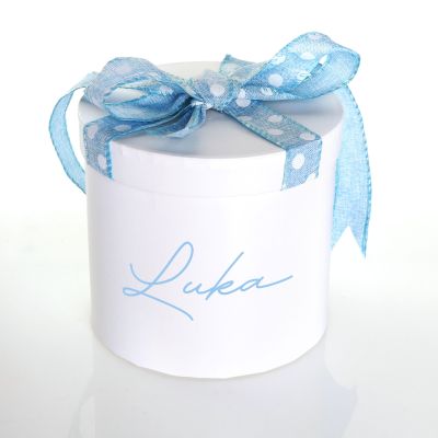 Personalised White Round Gift Box with Blue Polka Dot Ribbon Bow