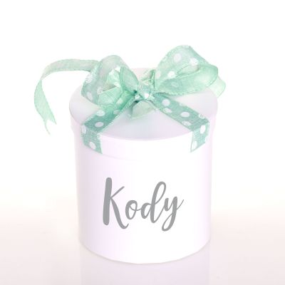 Personalised White Round Gift Box with Mint Green Polka Dot Ribbon Bow