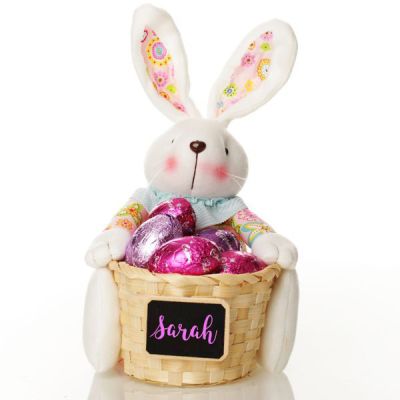 Personalised Woven Easter Basket with Pink Plush Bright Bunny