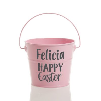 Personalised Pink Happy Easter Bucket with Yellow Calico Bunny Gift Pack