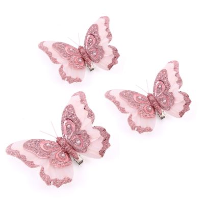 Pink Feather Butterfly Clips - Pack of 3