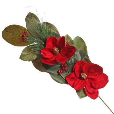 Red Magnolia Flower Green Leaf and Pine Christmas Spray