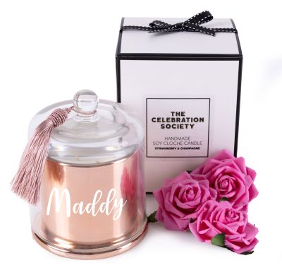 Personalised Rose Gold Candle with Glass Cloche - Style 1 with White