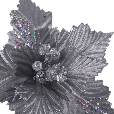 Silver Sequin Embossed Poinsettia Flower Clip