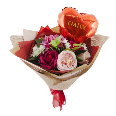 Valentine's Pink and Purple Posy - Real Touch Roses and Peony Bouquet - 40cm(H)