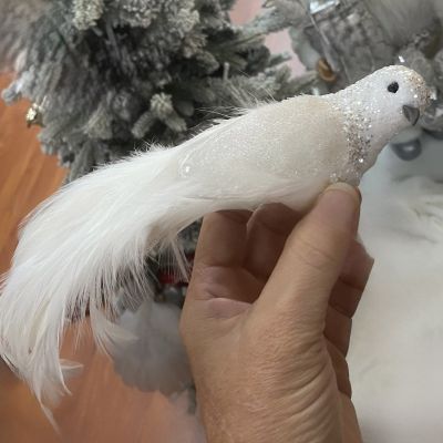 White Glitter and Feather Bird Clip