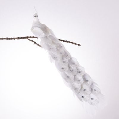 White Peacock Clip with Silver Pearls and Glitter