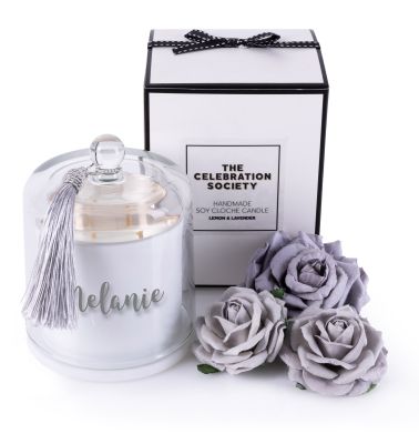 Personalised White Soy Candle with Glass Cloche - Style 1 in Lilac